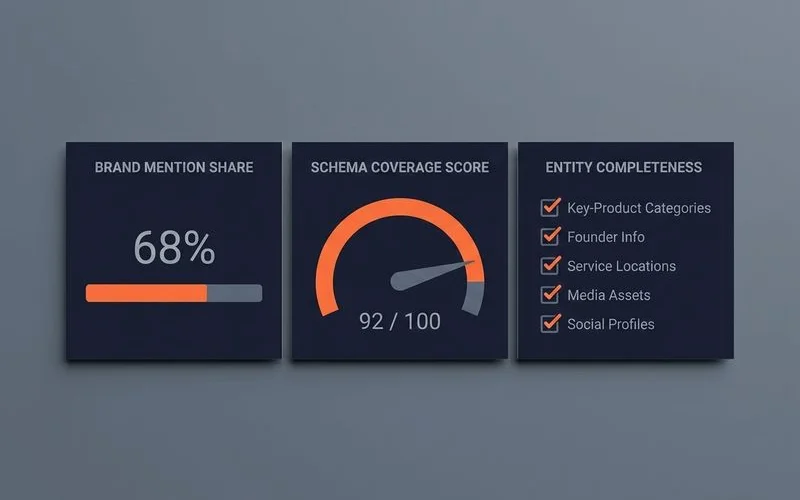 AEO scorecard sample: brand-mention share, schema coverage, entity completeness