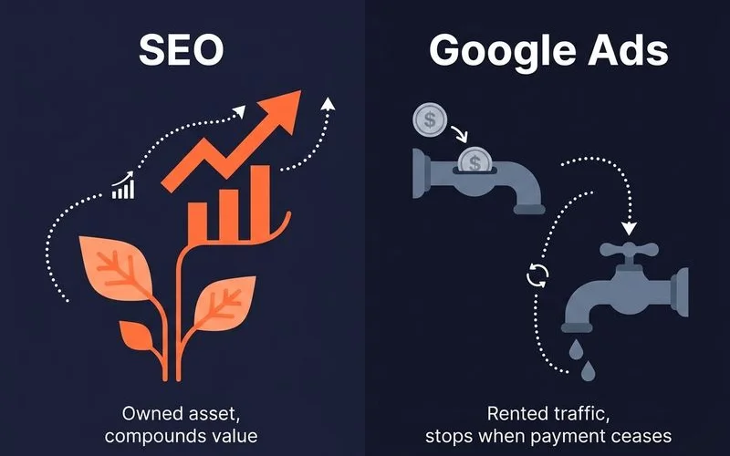 Asset vs expense framing: SEO compounds as an owned asset, Ads is rented traffic
