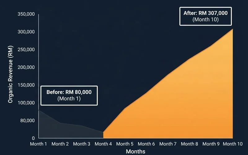Before and after revenue chart from Adam SEO case study: RM 80K to RM 307K over 10 months