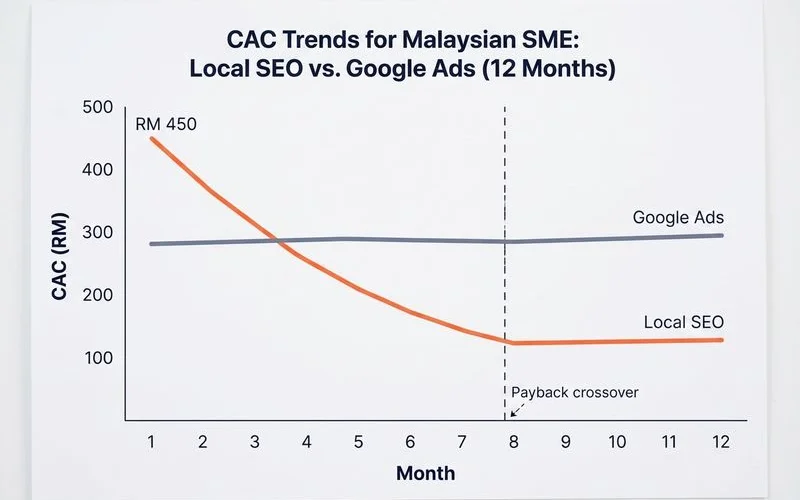 CAC comparison chart: Local SEO vs Google Ads over 12 months
