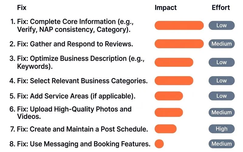 Checklist of 8 GBP fixes prioritised by impact