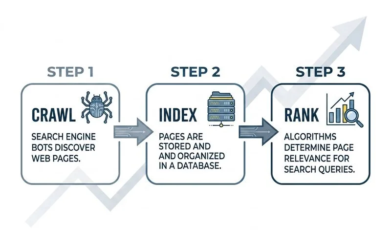 How Google ranks a page: crawl, index, rank diagram