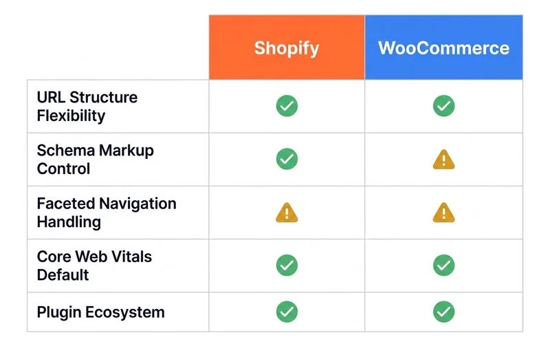 Shopify vs WooCommerce SEO feature comparison table