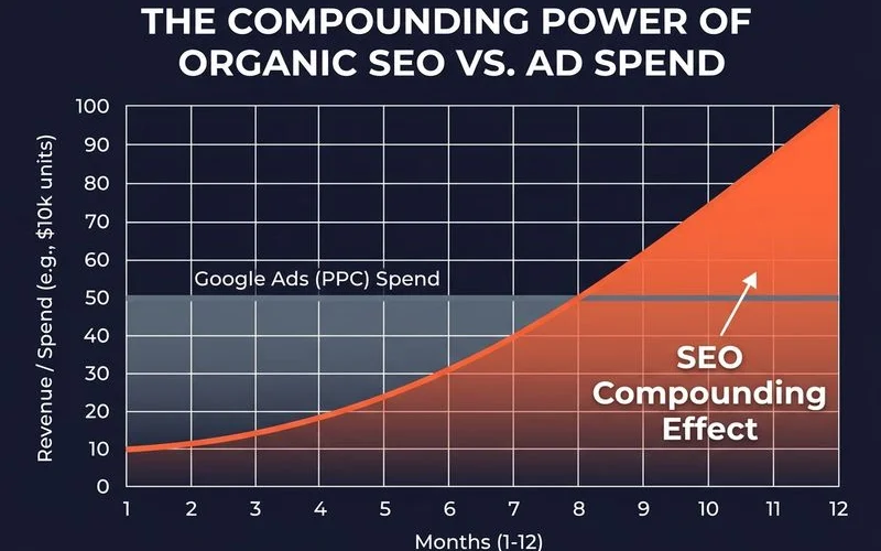 Compounding curve of SEO revenue growth versus Google Ads spend over twelve months