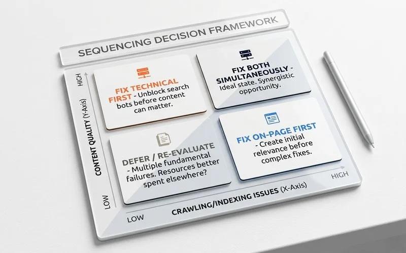 Decision diagram: technical vs on-page SEO sequencing logic