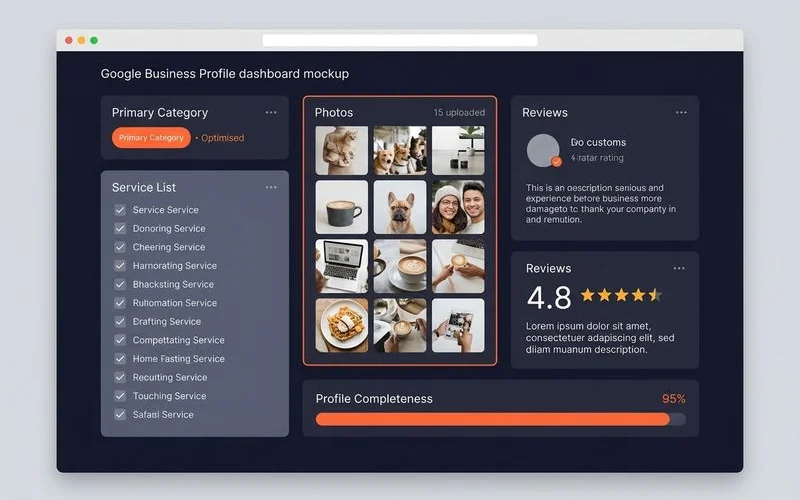 Google Business Profile optimisation screen showing categories, services, photos, and reviews