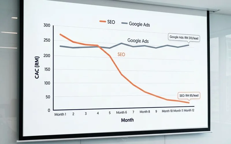 Line chart contrasting CAC of SEO vs Google Ads over 12 months