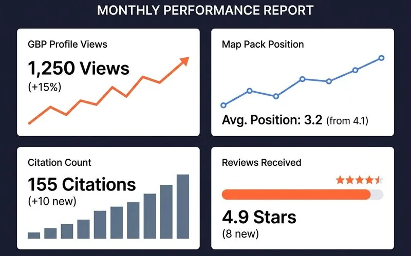 Local SEO monthly report sample showing GBP performance, Map Pack rankings, citations, reviews