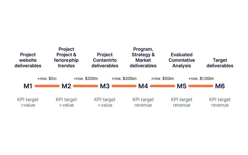 Milestone graphic: M1-M6 with deliverables, KPIs, expected revenue