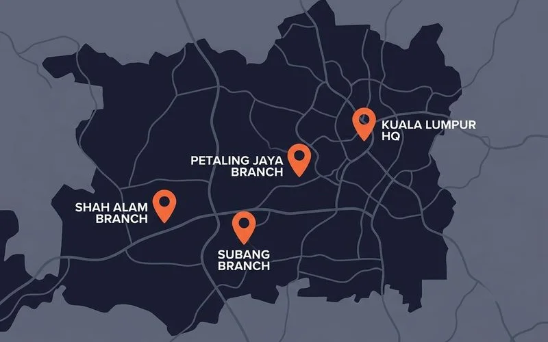Multi-location franchise map visualisation with pins across the Klang Valley