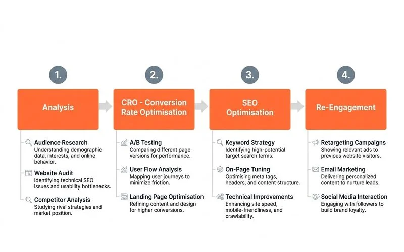 Numbered process diagram: 4 stages mapped to 9 steps
