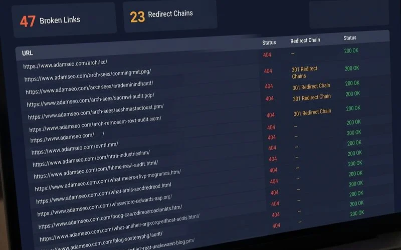 Screaming Frog crawl report with broken links and redirect chains highlighted