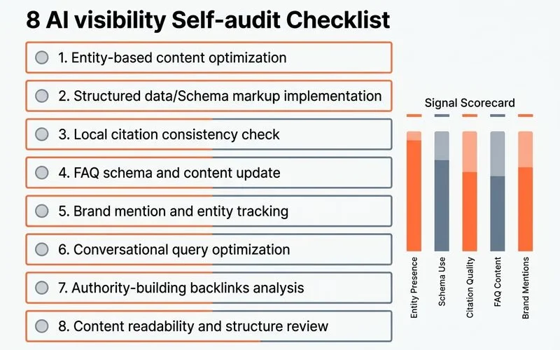 Self-audit checklist: 8 prompt tests + signal scorecard