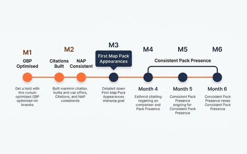 Timeline graphic: GBP, citations, Local Pack milestones across 6 months