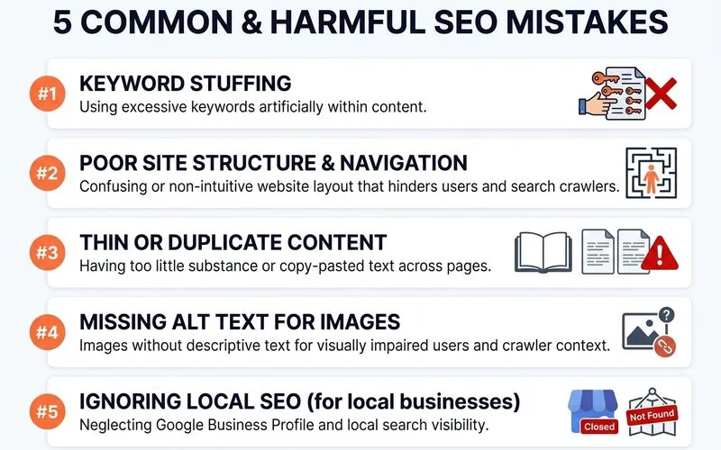 Top 5 SEO mistakes infographic with red-flag icons