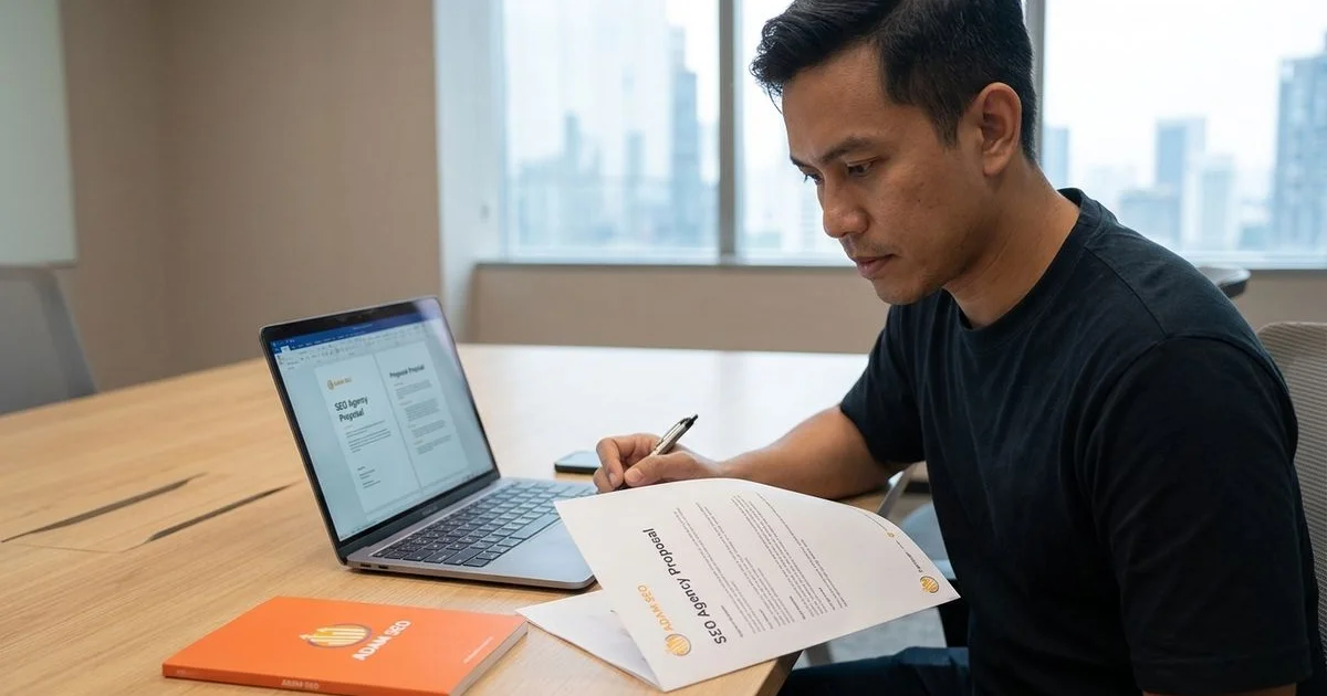 Buyer comparing two SEO agency proposals in a Mont Kiara boardroom