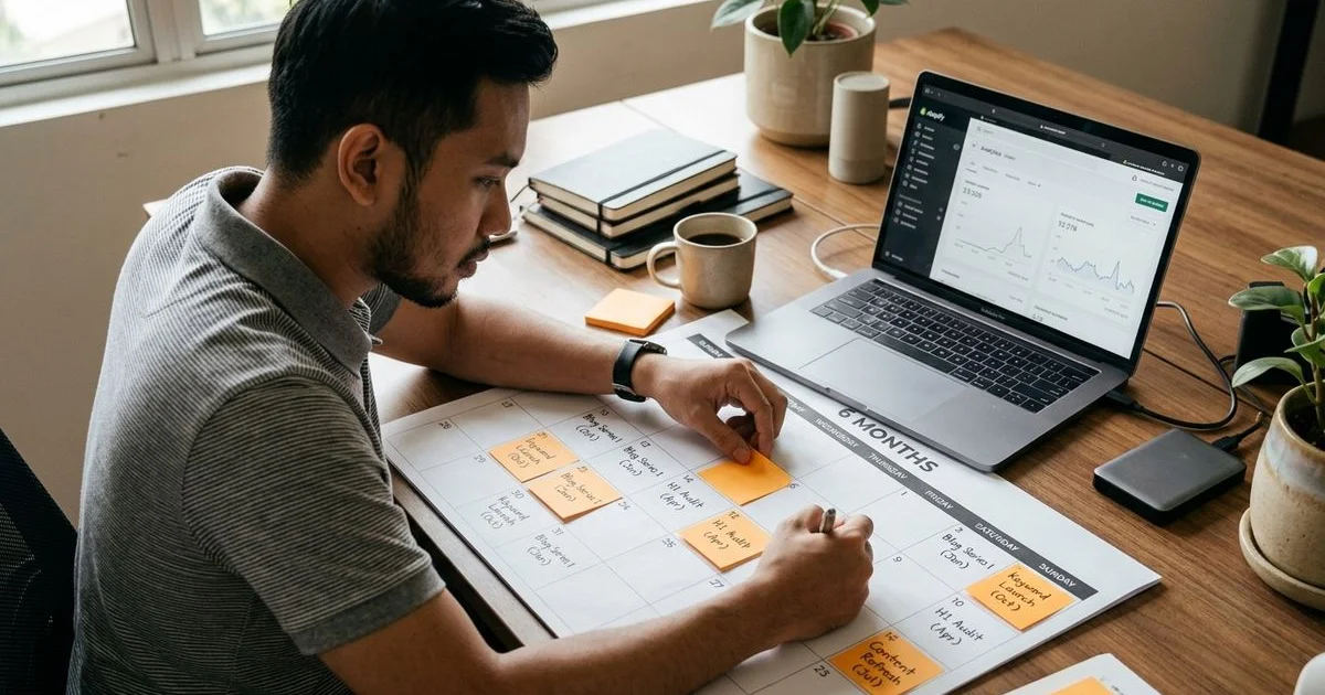 Calendar with 6-month milestone roadmap for e-commerce SEO