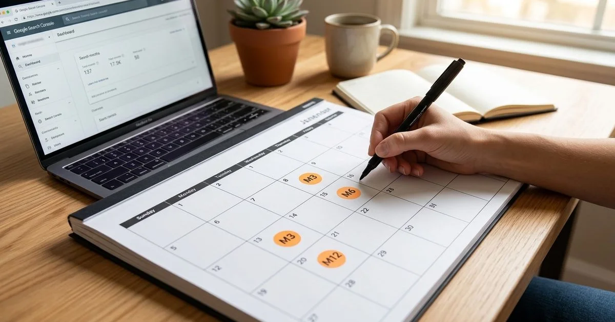 Calendar with monthly SEO milestones marked on a clean wooden desk in warm tones
