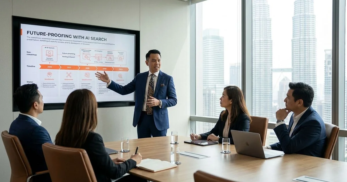CMO presenting strategic AI roadmap to leadership team in Mont Kiara boardroom