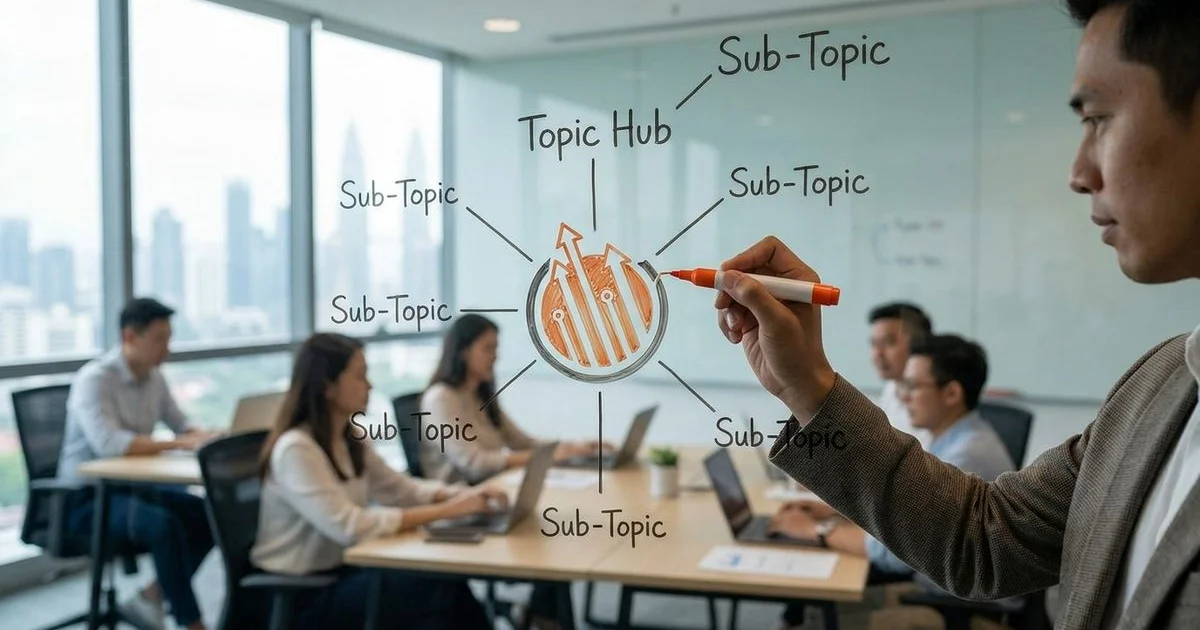 Content strategist mapping topical clusters on a whiteboard