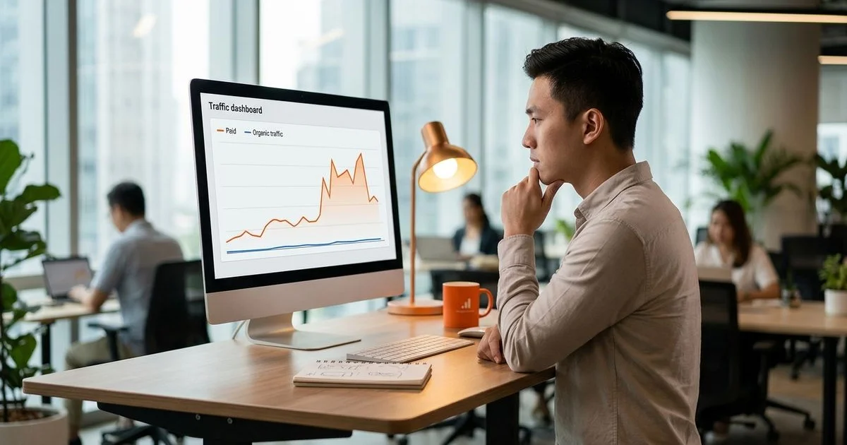 E-commerce founder reviewing channel-mix dashboard