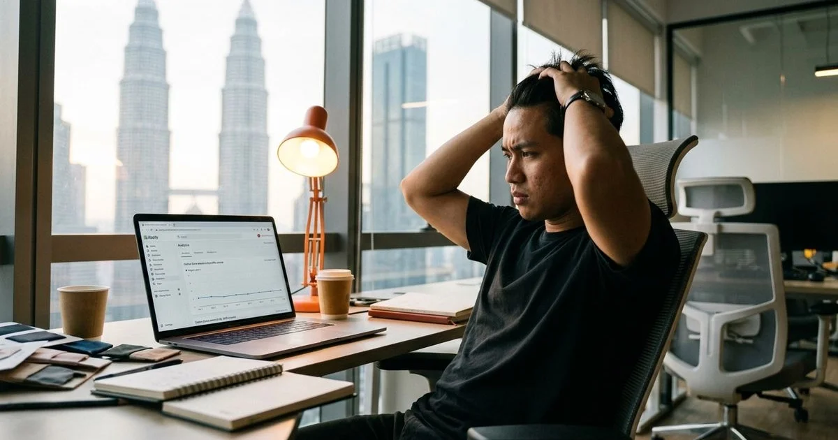 Frustrated e-commerce owner viewing low-traffic product pages on laptop