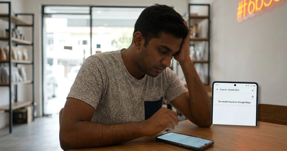 Frustrated business owner searching their own brand on phone