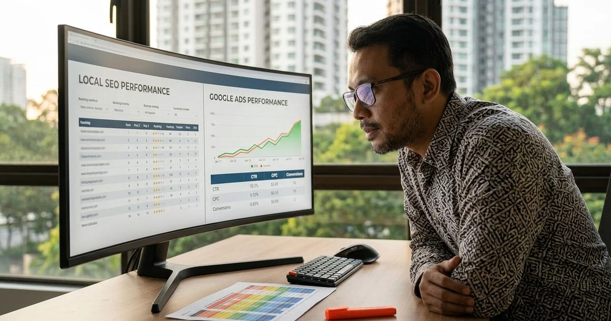 Local SME owner reviewing channel-mix dashboard