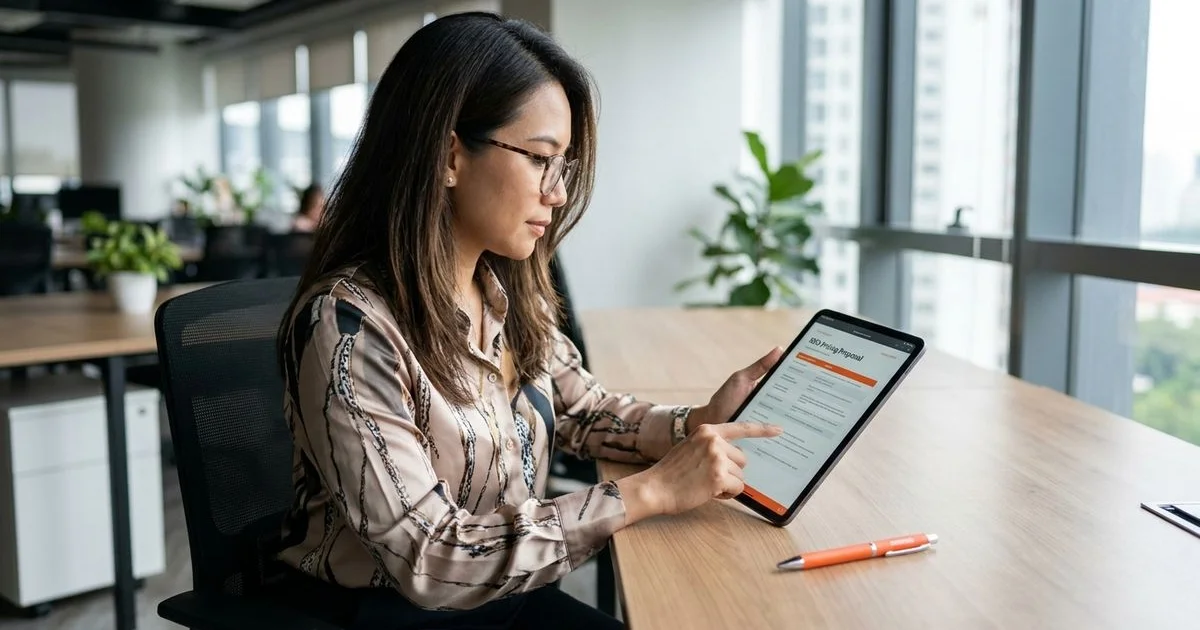 Malaysian executive reviewing an SEO proposal on a tablet in a Mont Kiara office