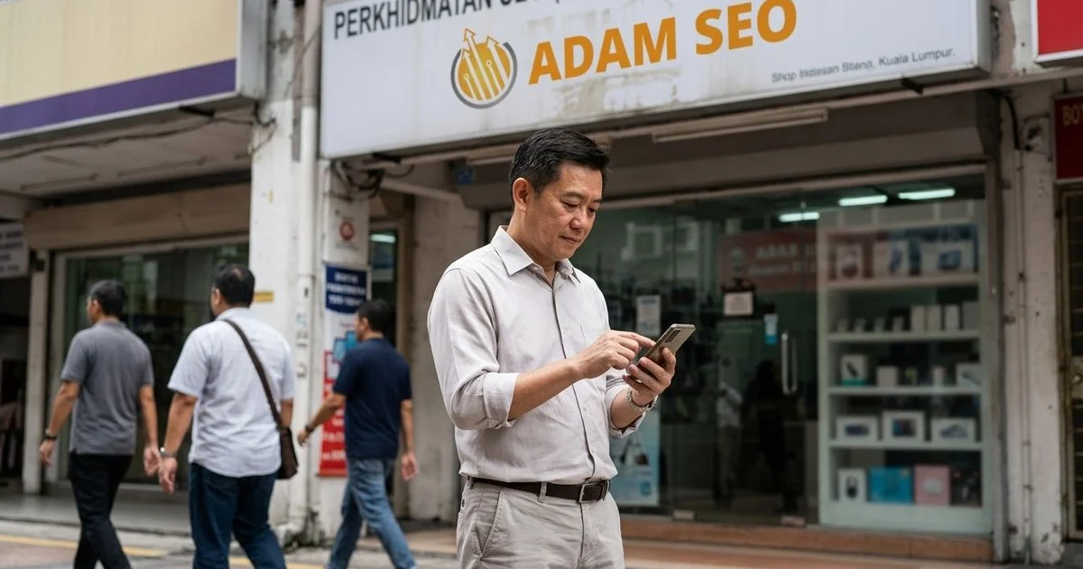 Malaysian shop owner outside a storefront on a busy Kuala Lumpur street