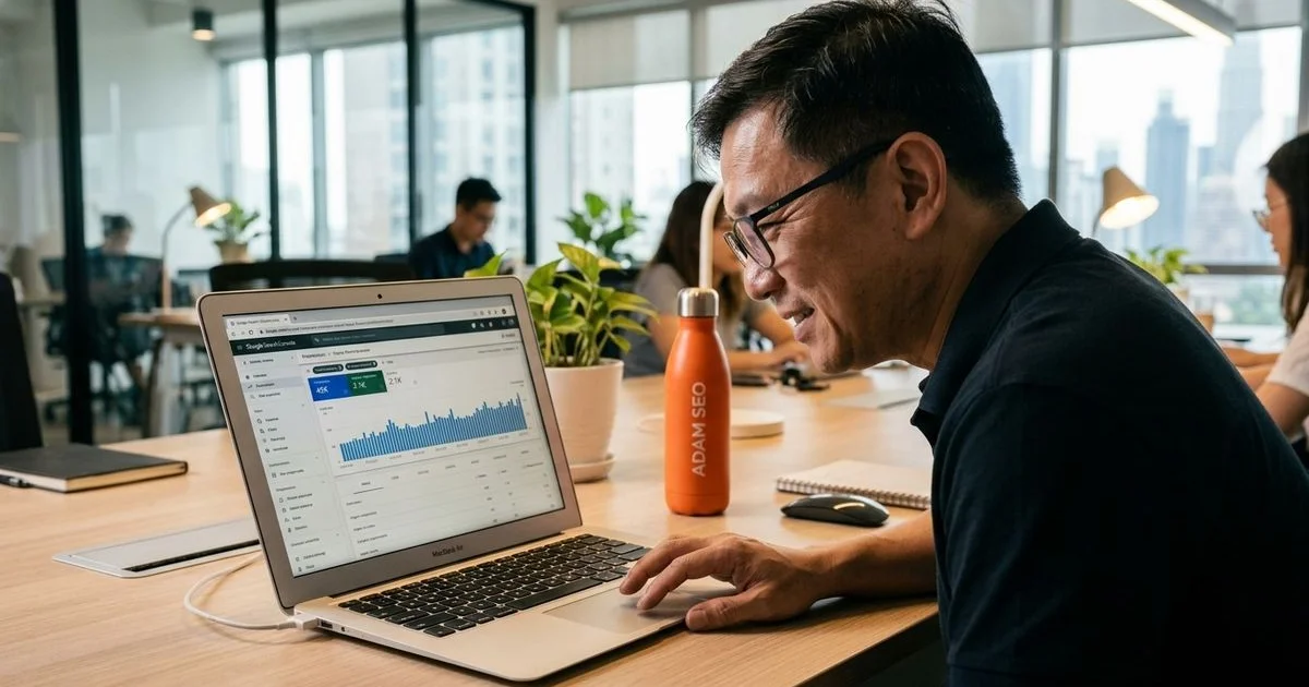 Malaysian SME owner reviewing search analytics on a laptop in a Mont Kiara office