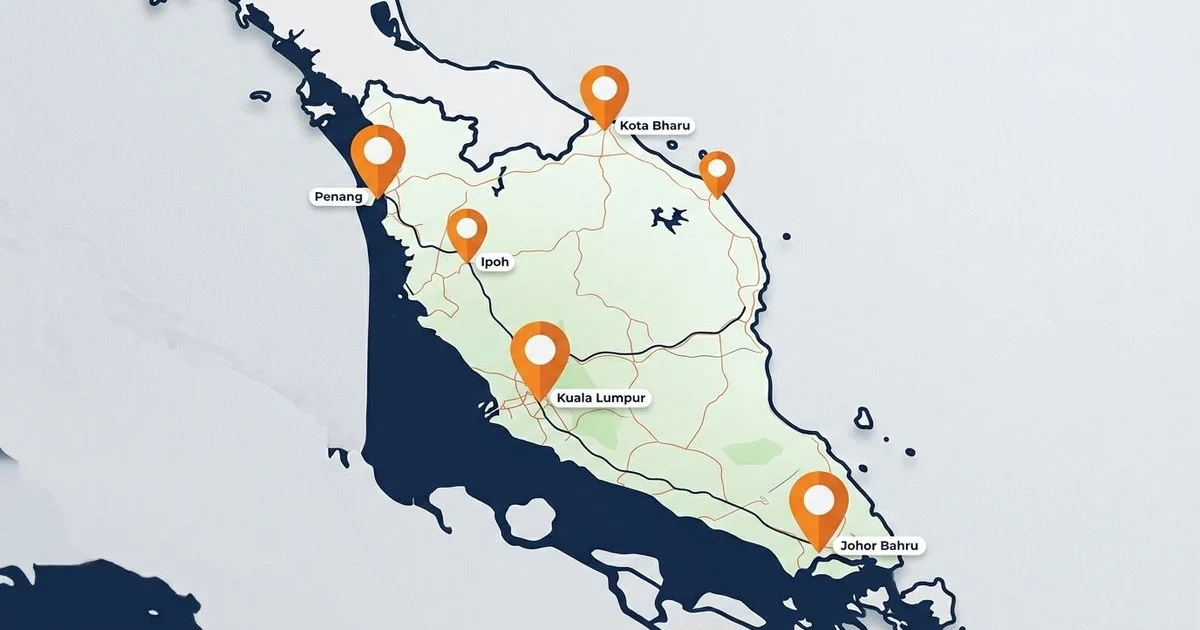 Map of Malaysia with multiple business pin locations highlighted