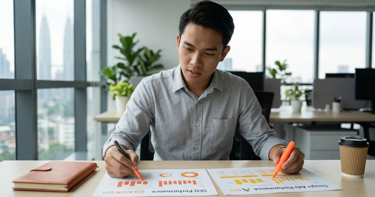 Marketing manager weighing SEO vs Google Ads channels at a modern desk in Kuala Lumpur