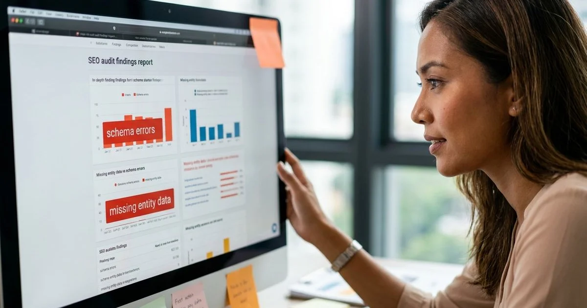 SEO manager reviewing audit findings on a monitor