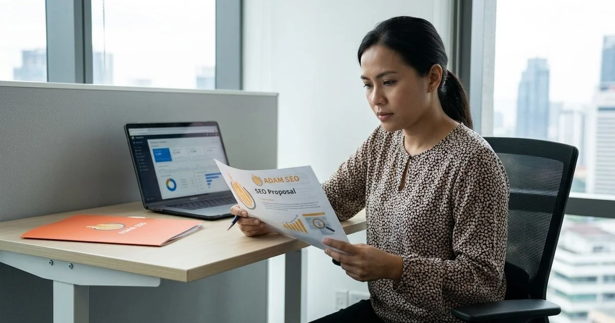 Store owner reviewing SEO proposal at a standing desk