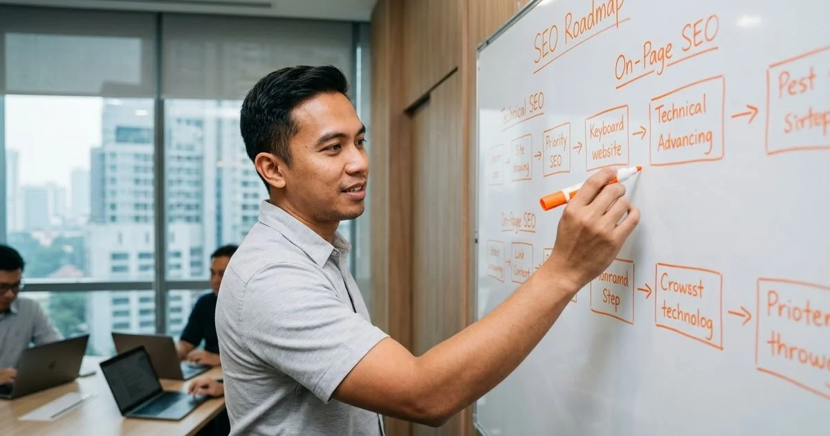 Strategist sequencing SEO roadmap on a whiteboard