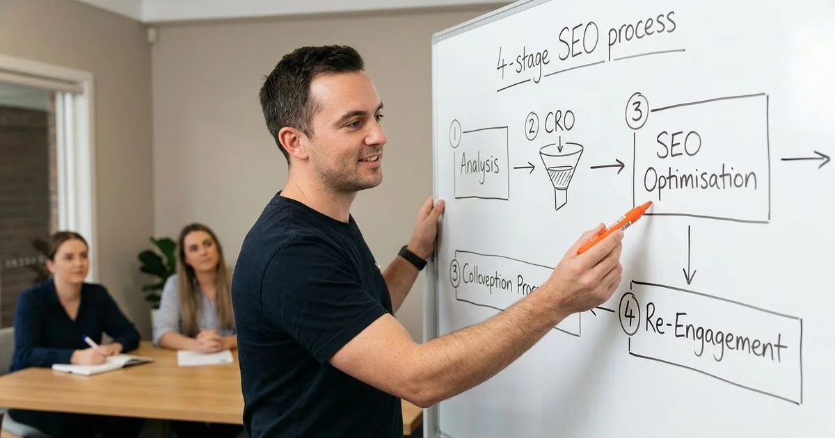 Strategy whiteboard showing the 4-stage SEO framework labelled in a Kuala Lumpur workshop