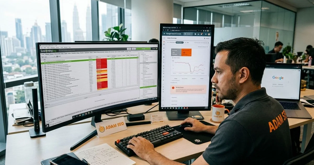 Technical SEO consultant running audit on multiple monitors