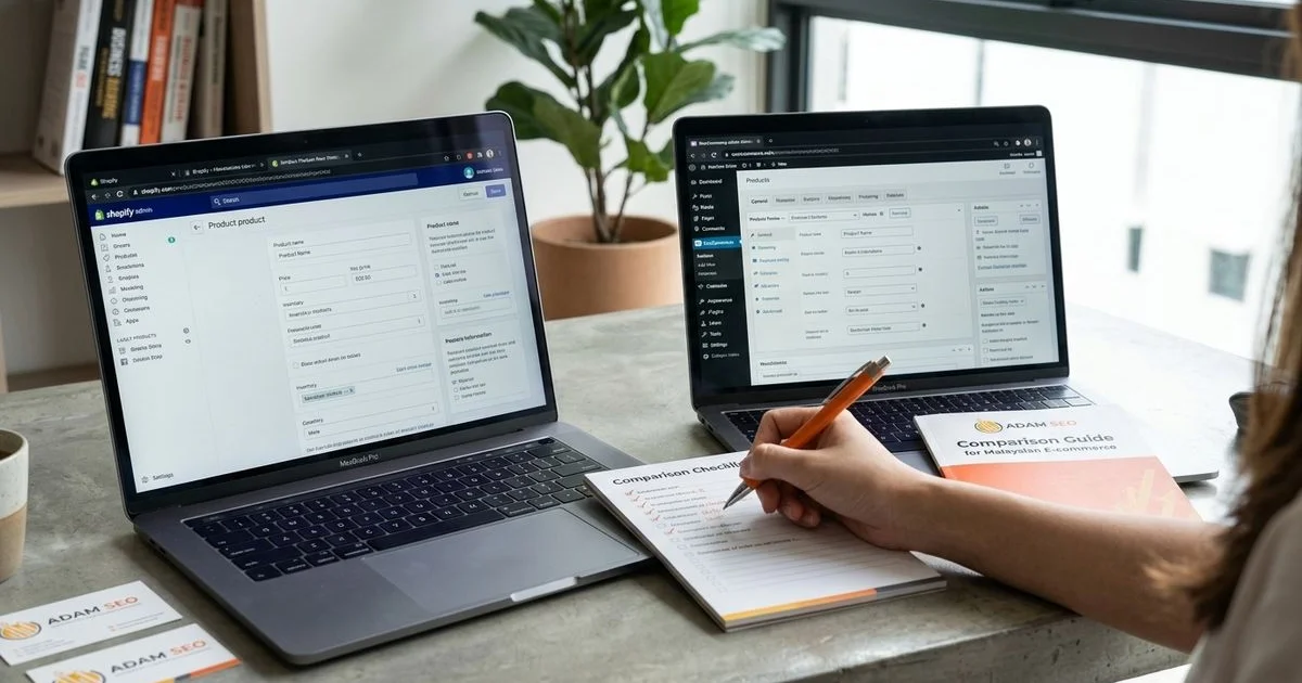 Two laptops side by side showing Shopify and WooCommerce admin